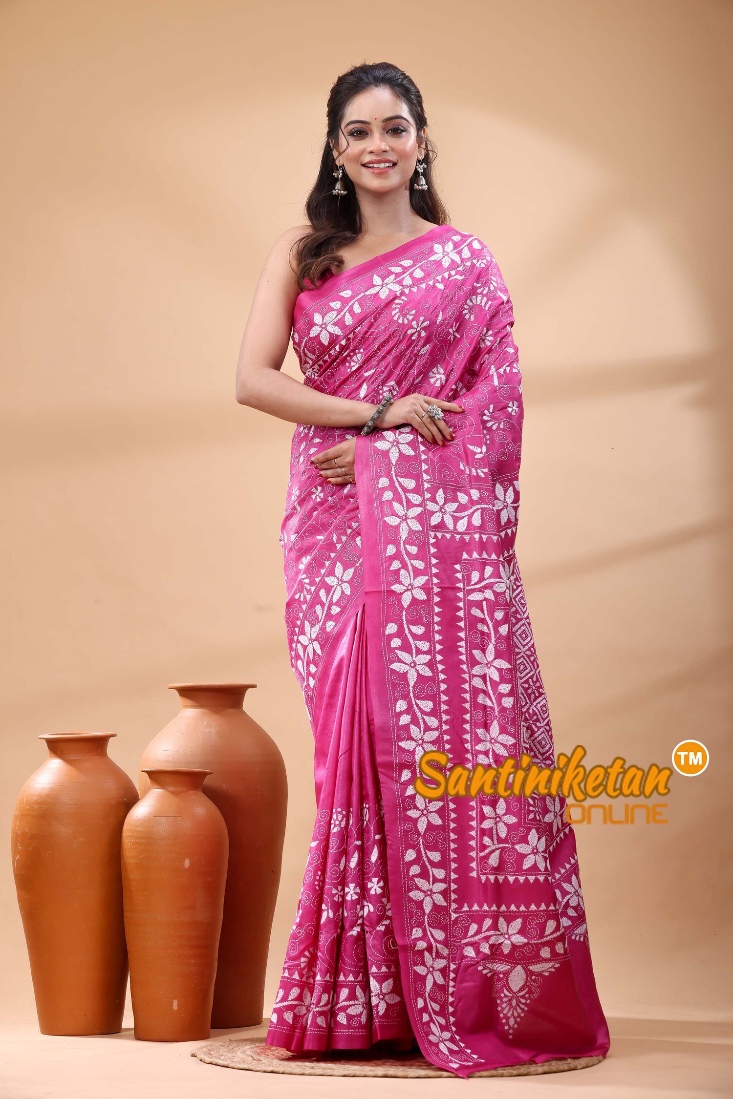Pure Gachi Dye Tussar Silk Kantha Stitch Saree
