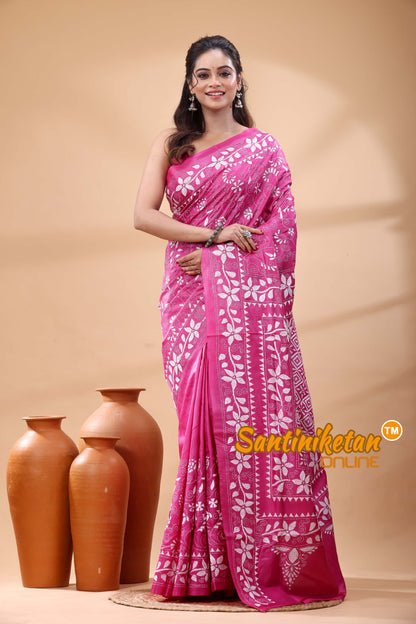 Pure Gachi Dye Tussar Silk Kantha Stitch Saree