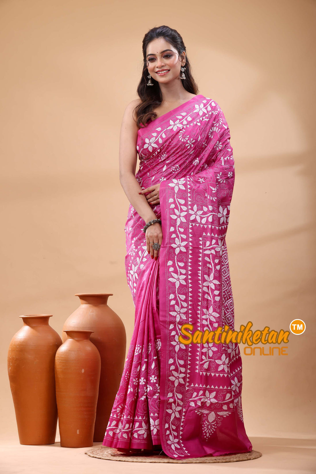 Pure Gachi Dye Tussar Silk Kantha Stitch Saree