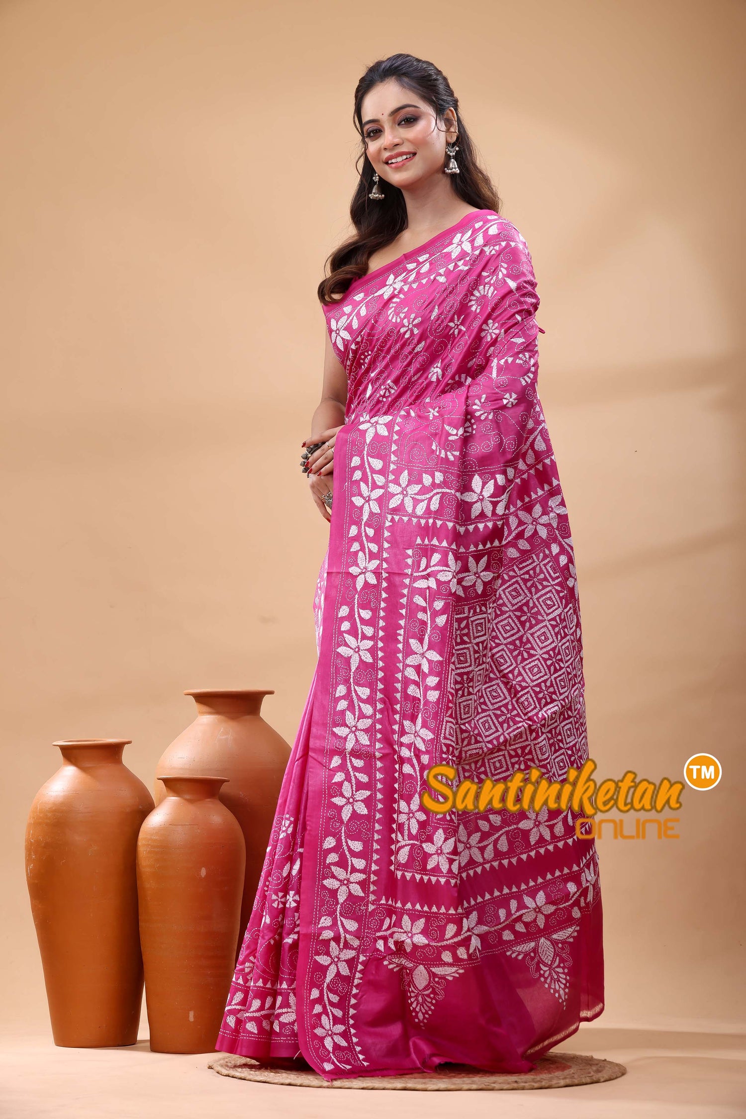 Pure Gachi Dye Tussar Silk Kantha Stitch Saree