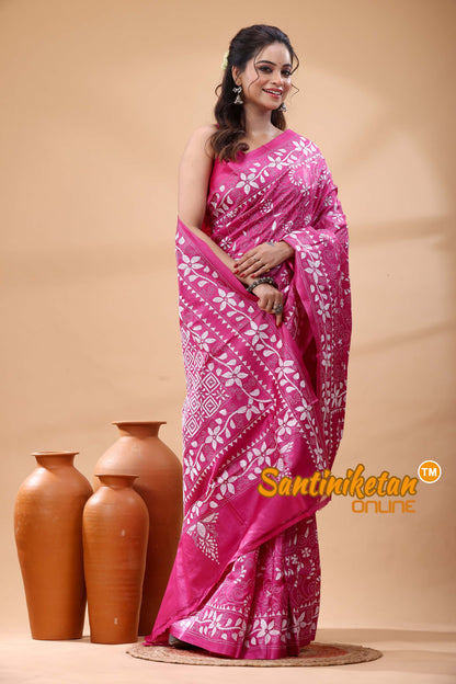 Pure Gachi Dye Tussar Silk Kantha Stitch Saree