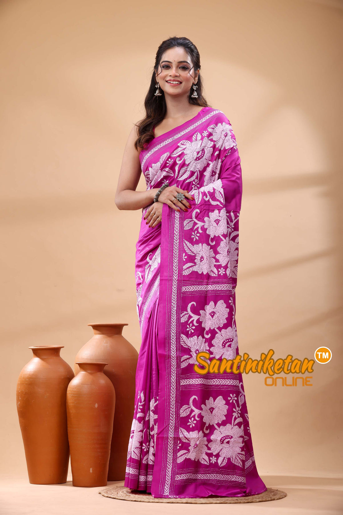 Pure Gachi Dye Tussar Silk Kantha Stitch Saree