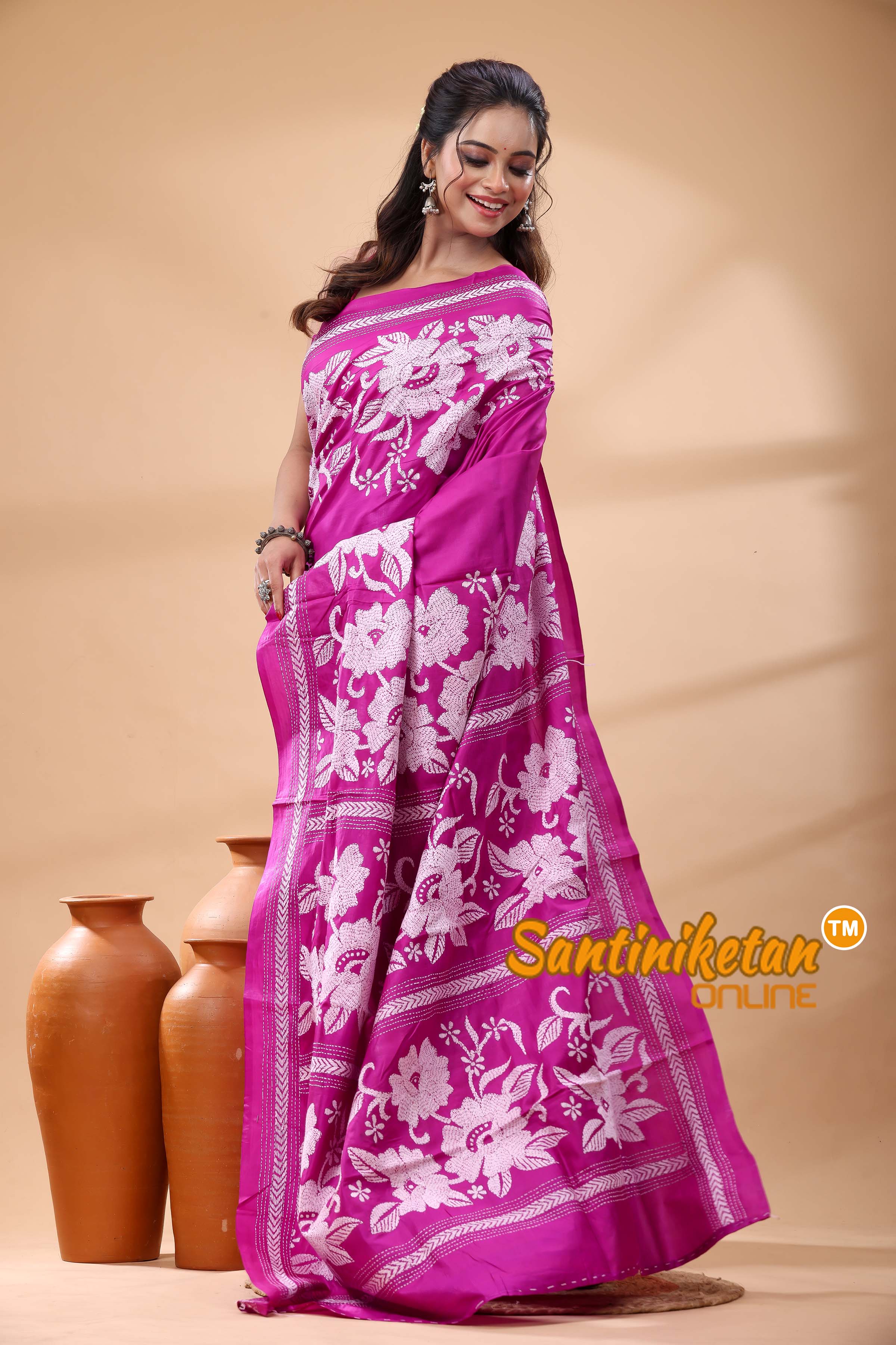 Pure Gachi Dye Tussar Silk Kantha Stitch Saree
