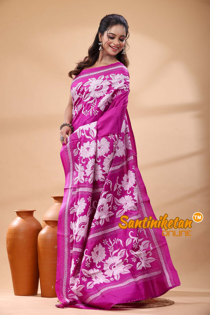 Pure Gachi Dye Tussar Silk Kantha Stitch Saree