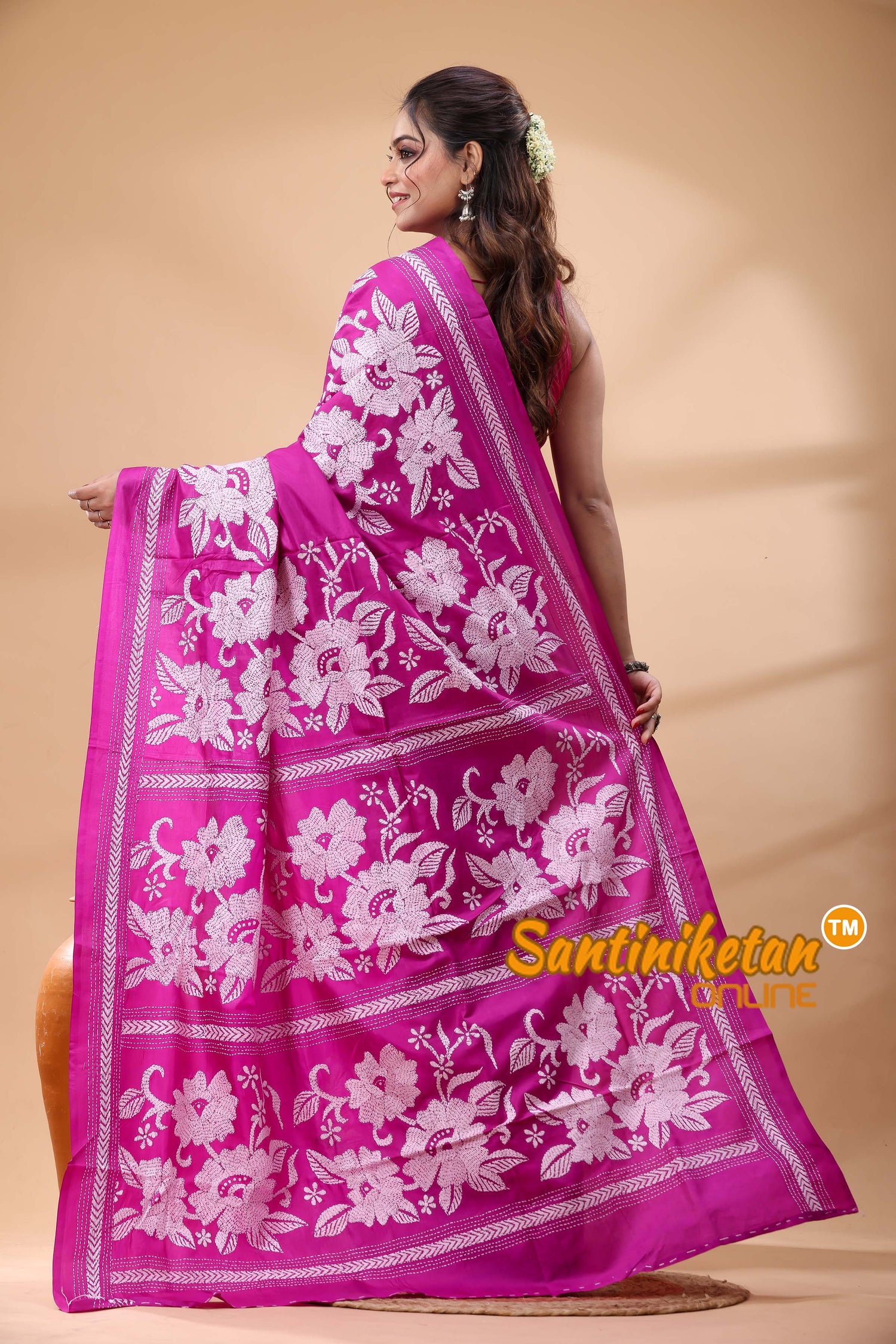 Pure Gachi Dye Tussar Silk Kantha Stitch Saree