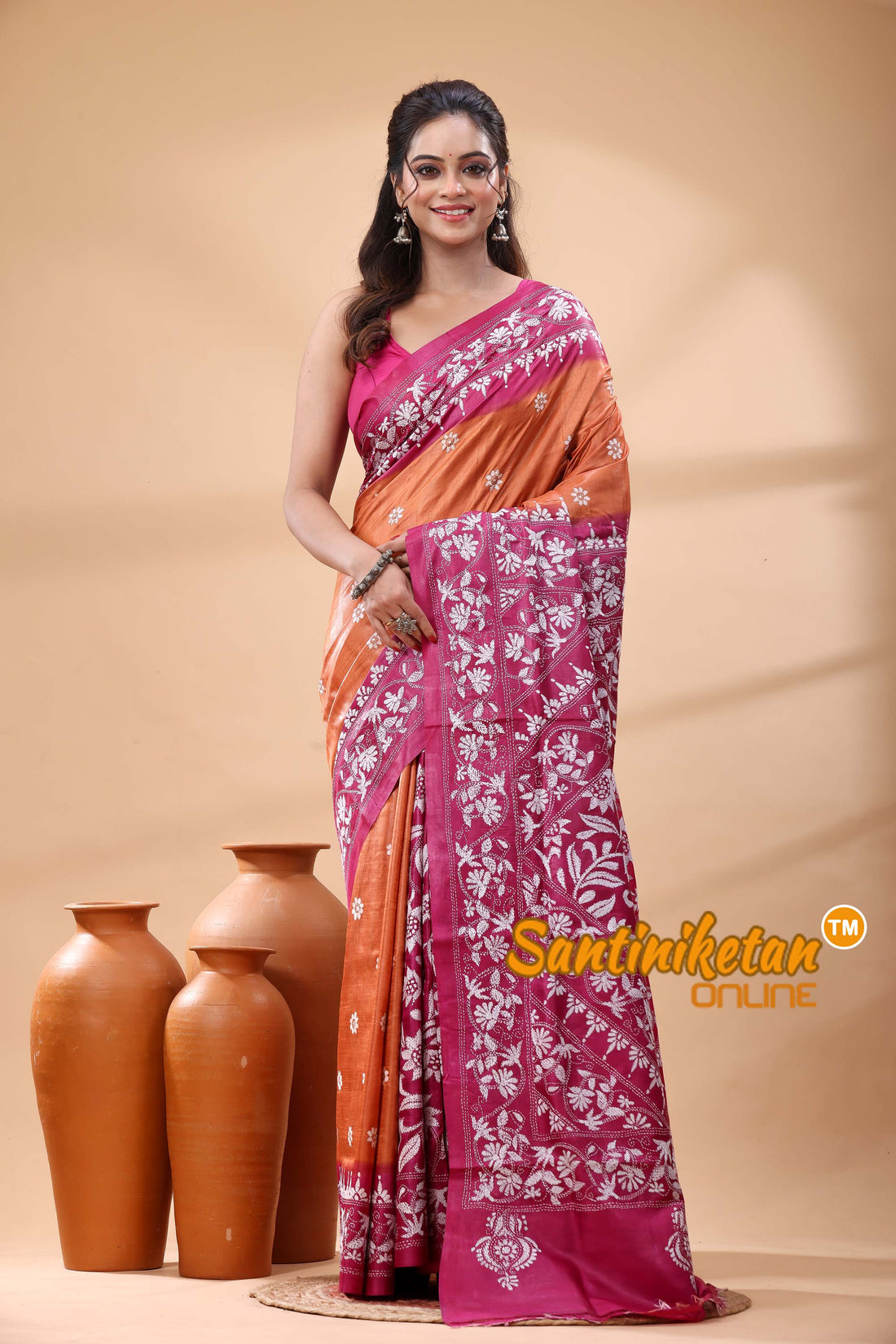 Pure Gachi Dye Tussar Silk Kantha Stitch Saree
