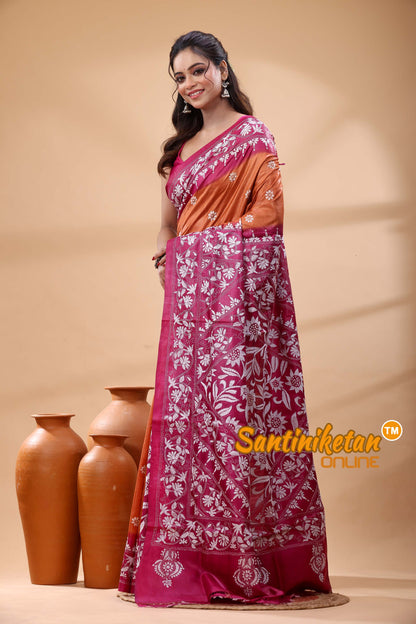 Pure Gachi Dye Tussar Silk Kantha Stitch Saree