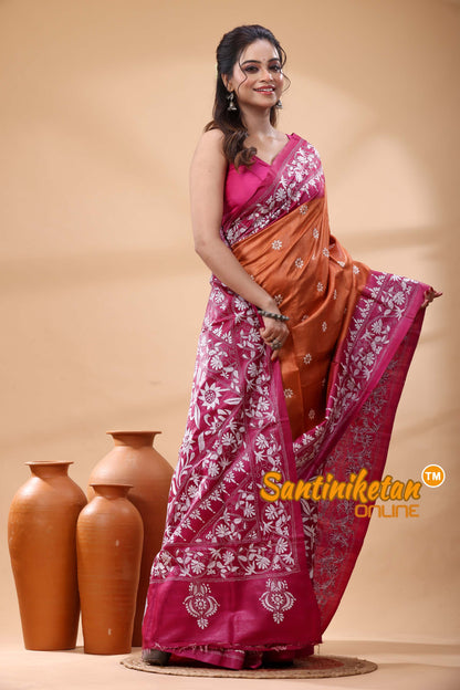Pure Gachi Dye Tussar Silk Kantha Stitch Saree