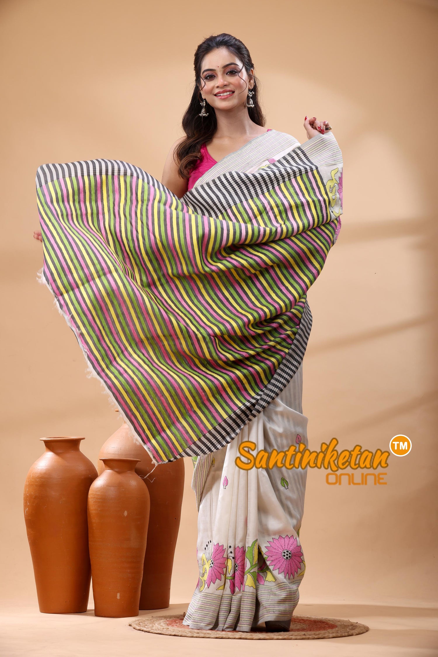 Bishnupuri (Katan) Silk Kantha Stitch Saree