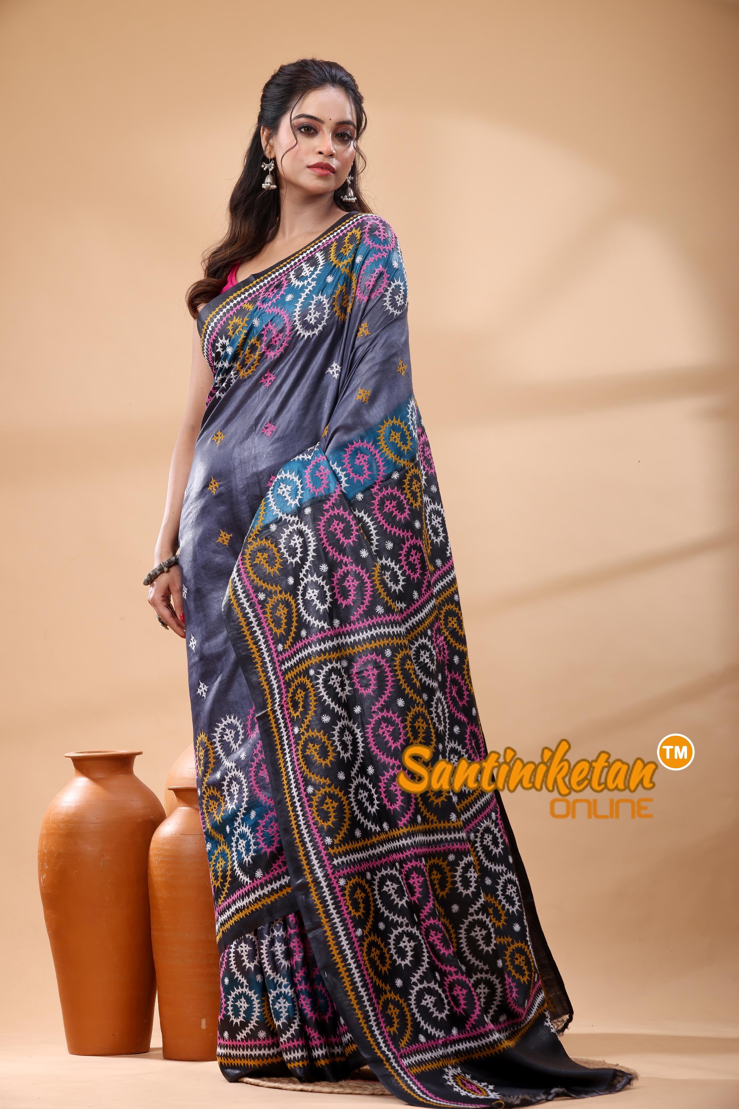 Pure Dye Tussar Silk Gujarati Stitch Saree