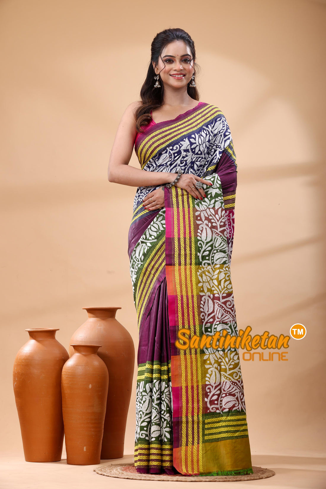 Bishnupuri (Katan) Silk Kantha Stitch Saree