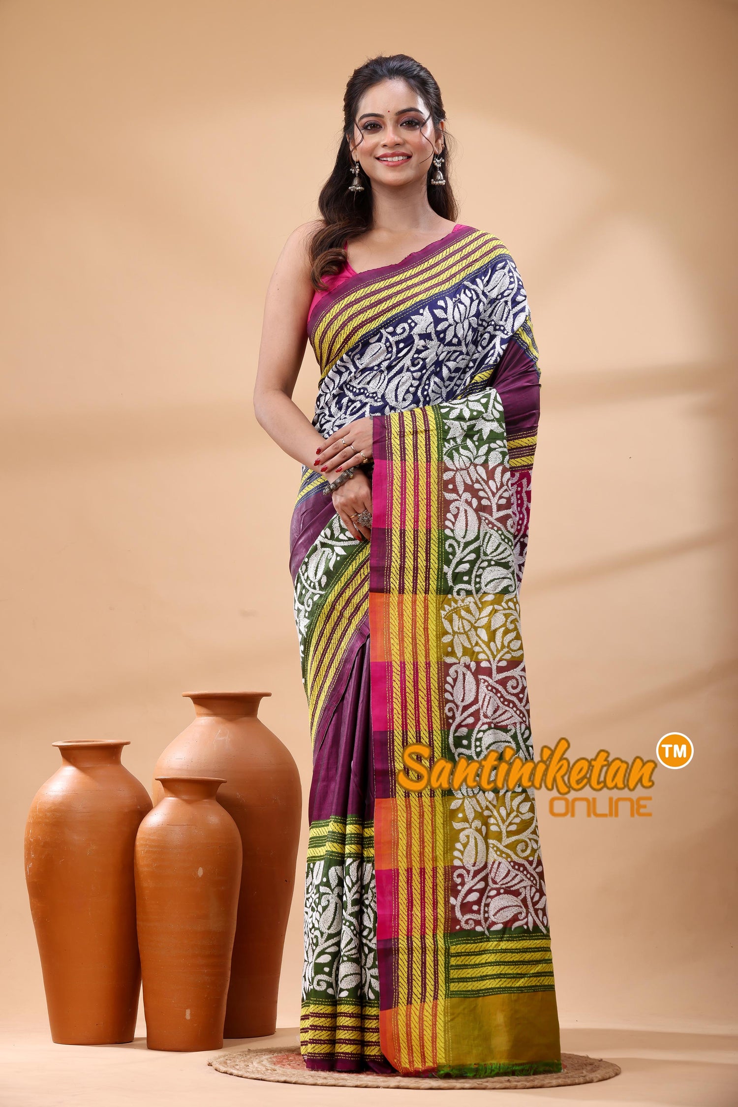 Bishnupuri (Katan) Silk Kantha Stitch Saree