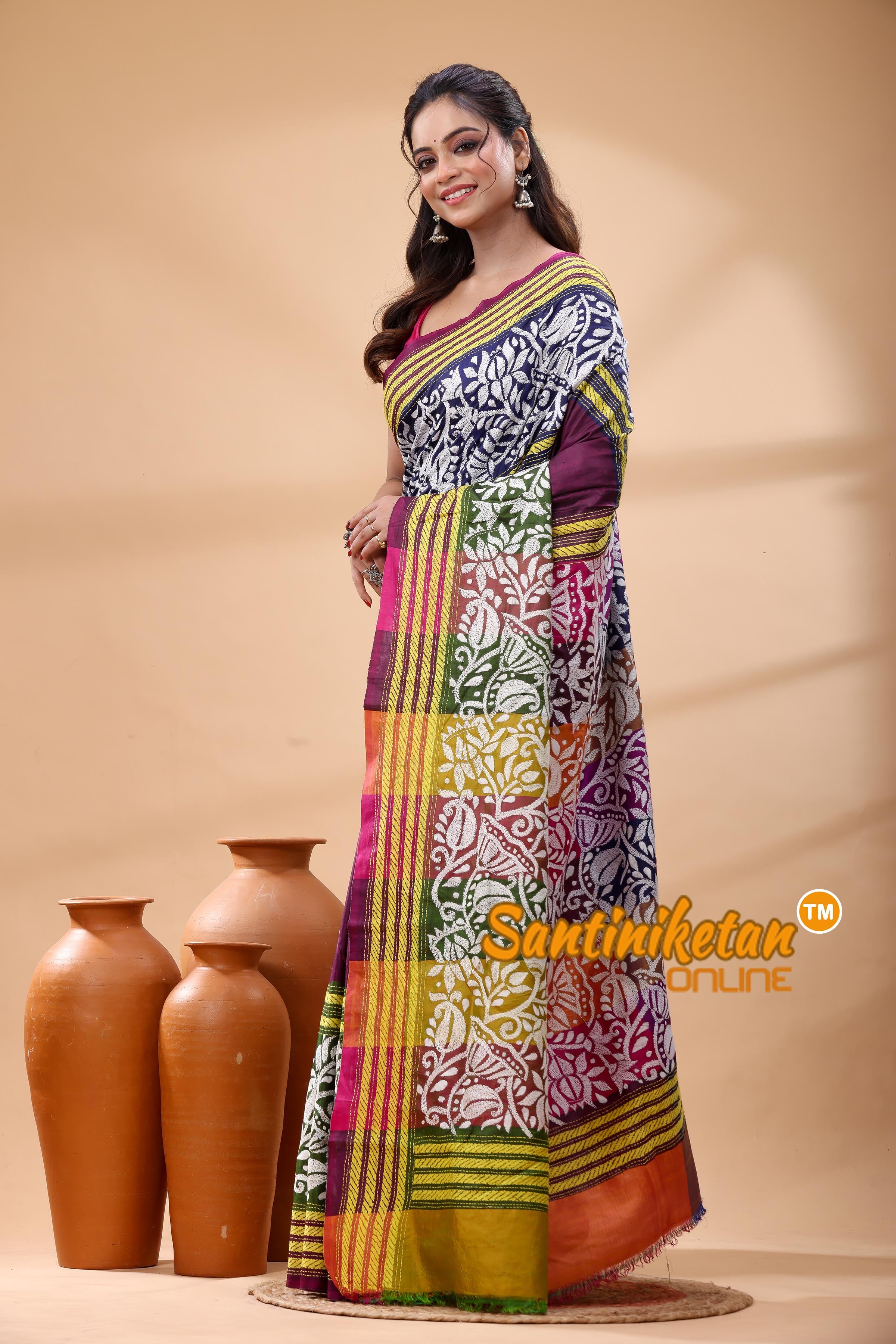 Bishnupuri (Katan) Silk Kantha Stitch Saree
