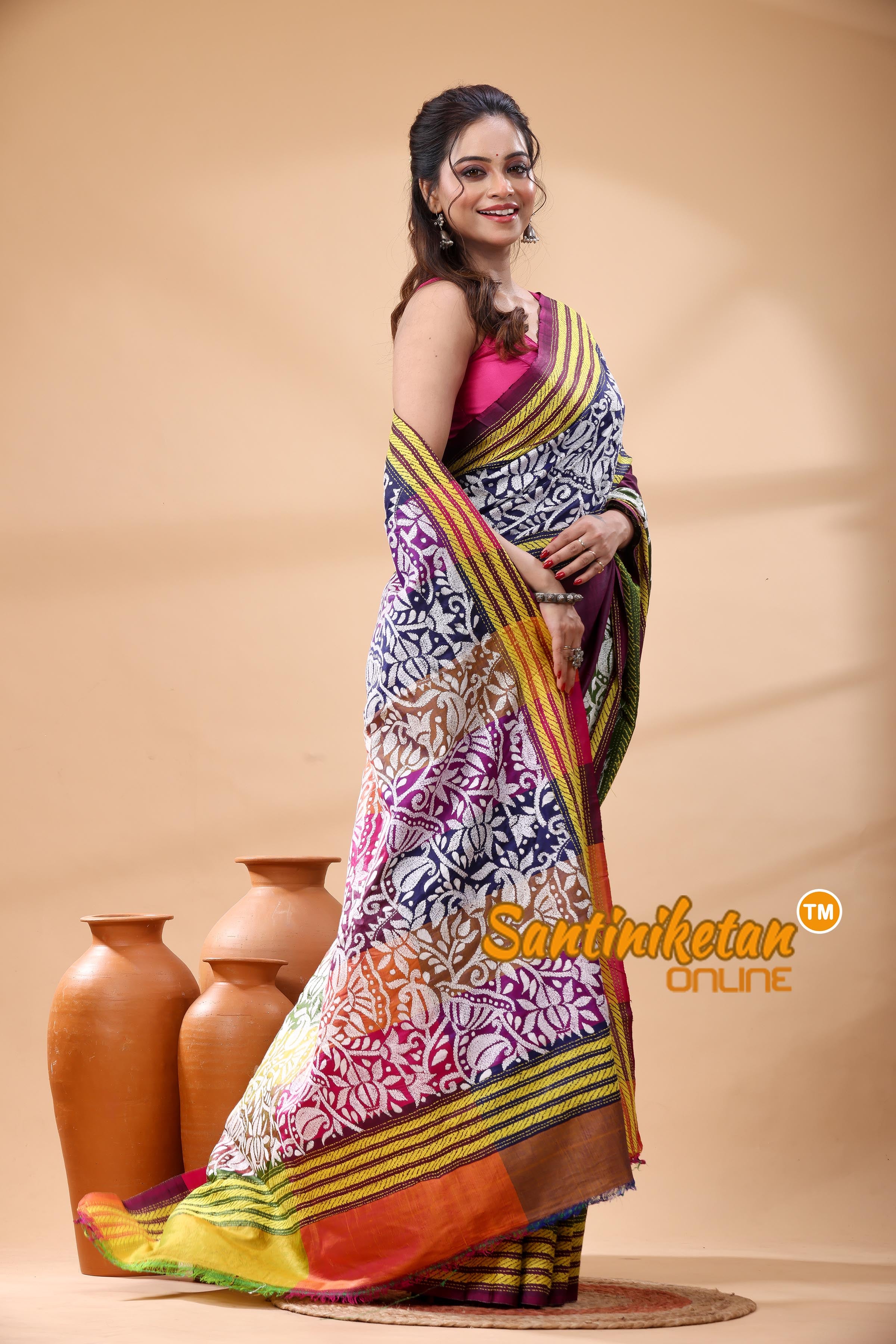 Bishnupuri (Katan) Silk Kantha Stitch Saree