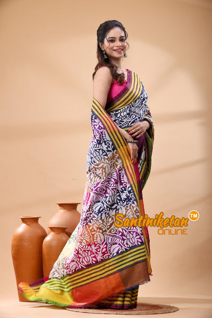 Bishnupuri (Katan) Silk Kantha Stitch Saree