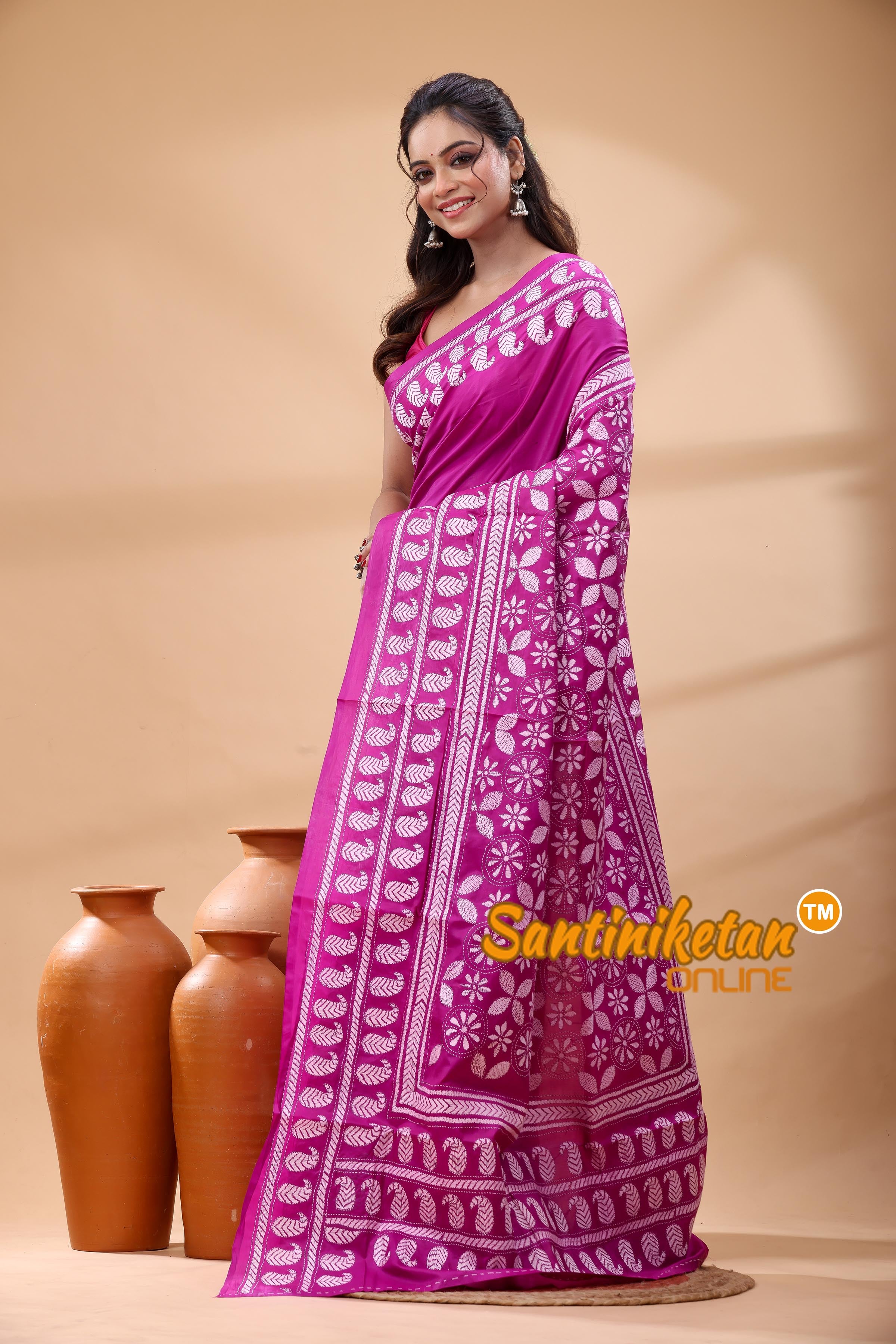 Pure Bangalore Silk Kantha Stitch Saree