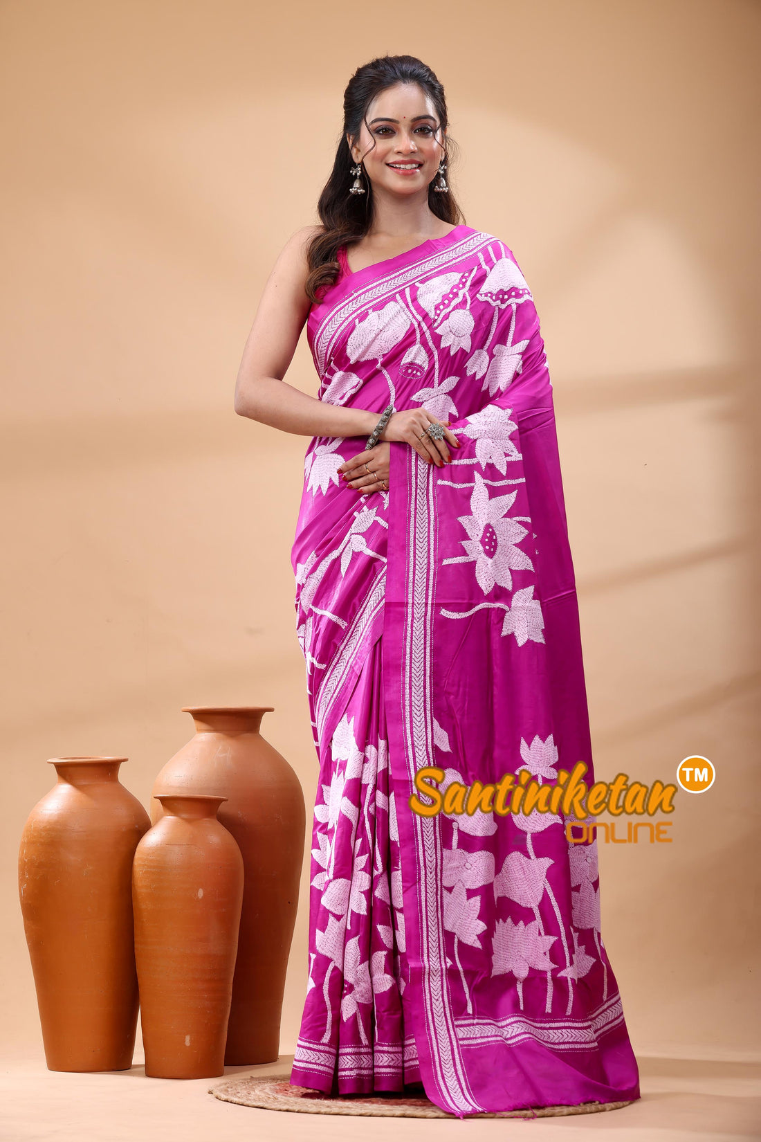 Pure Bangalore Silk Kantha Stitch Saree