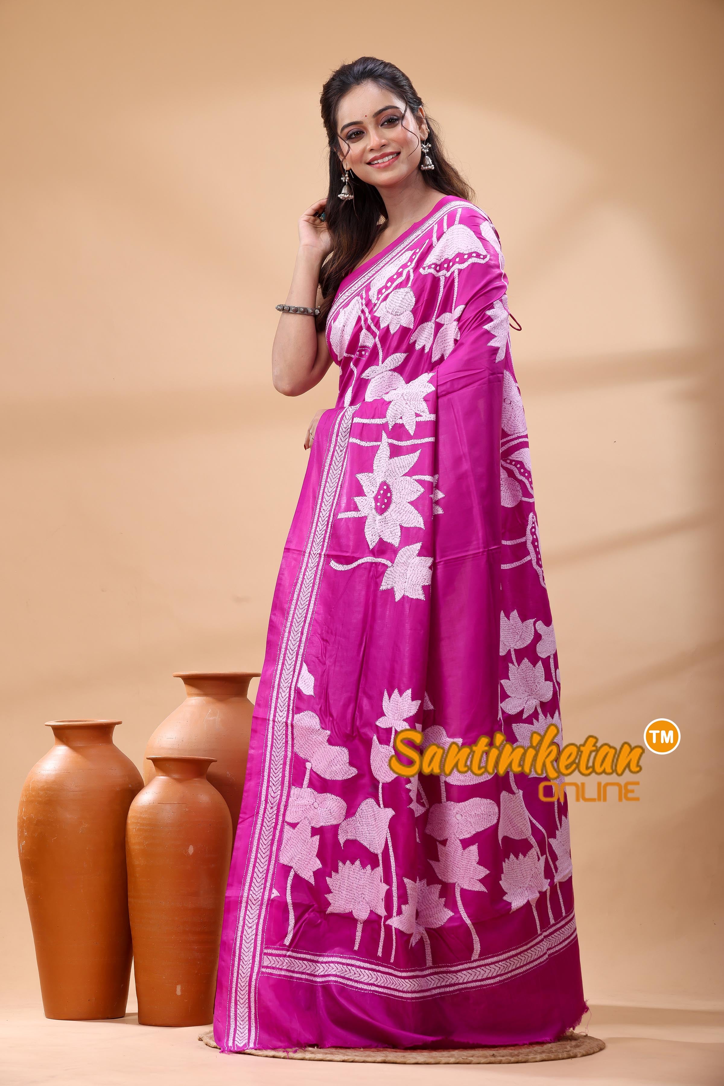 Pure Bangalore Silk Kantha Stitch Saree