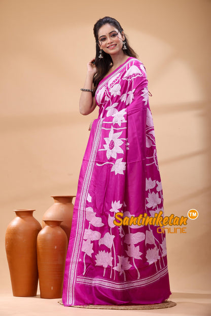 Pure Bangalore Silk Kantha Stitch Saree