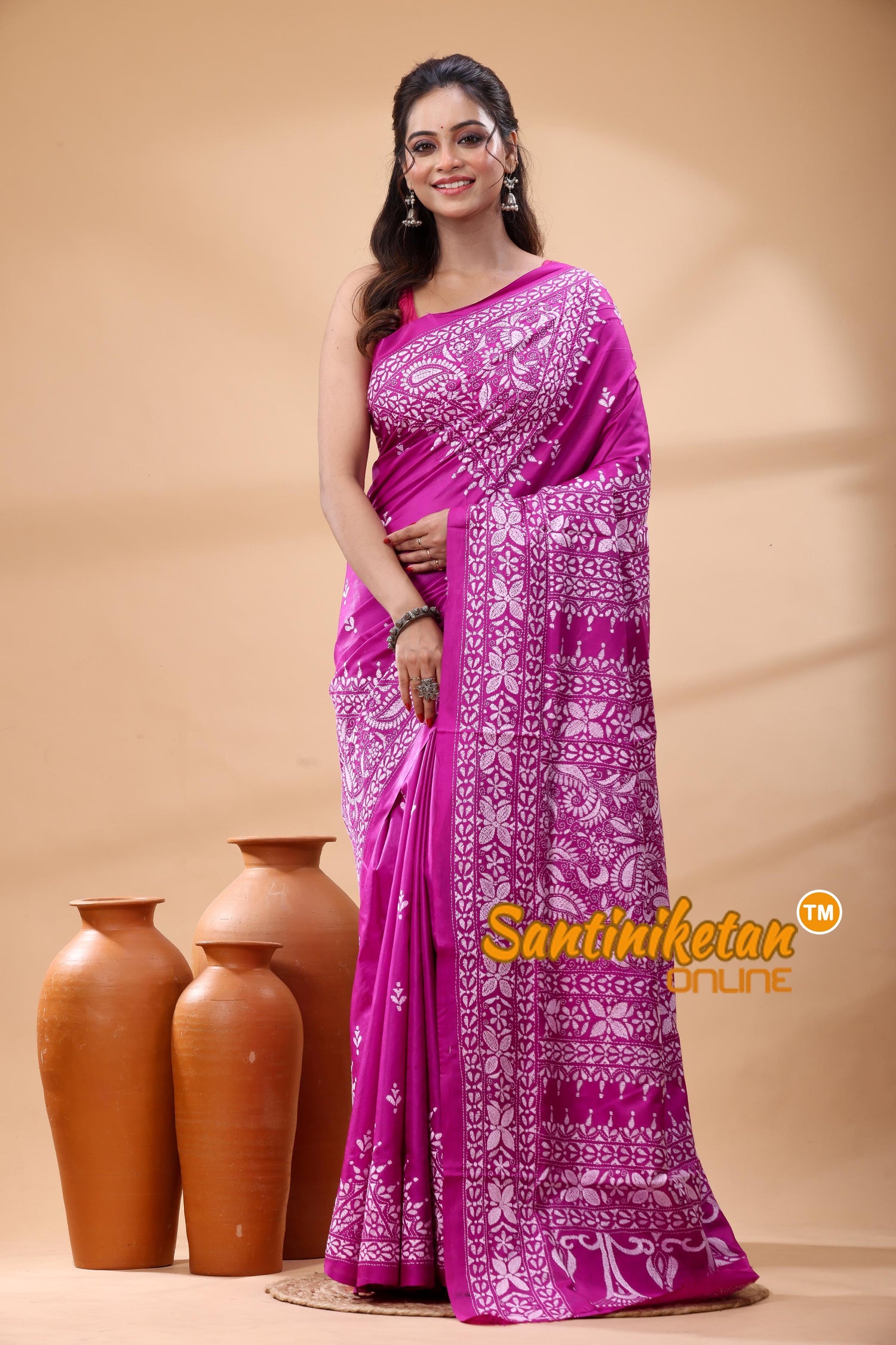 Pure Bangalore Silk Kantha Stitch Saree