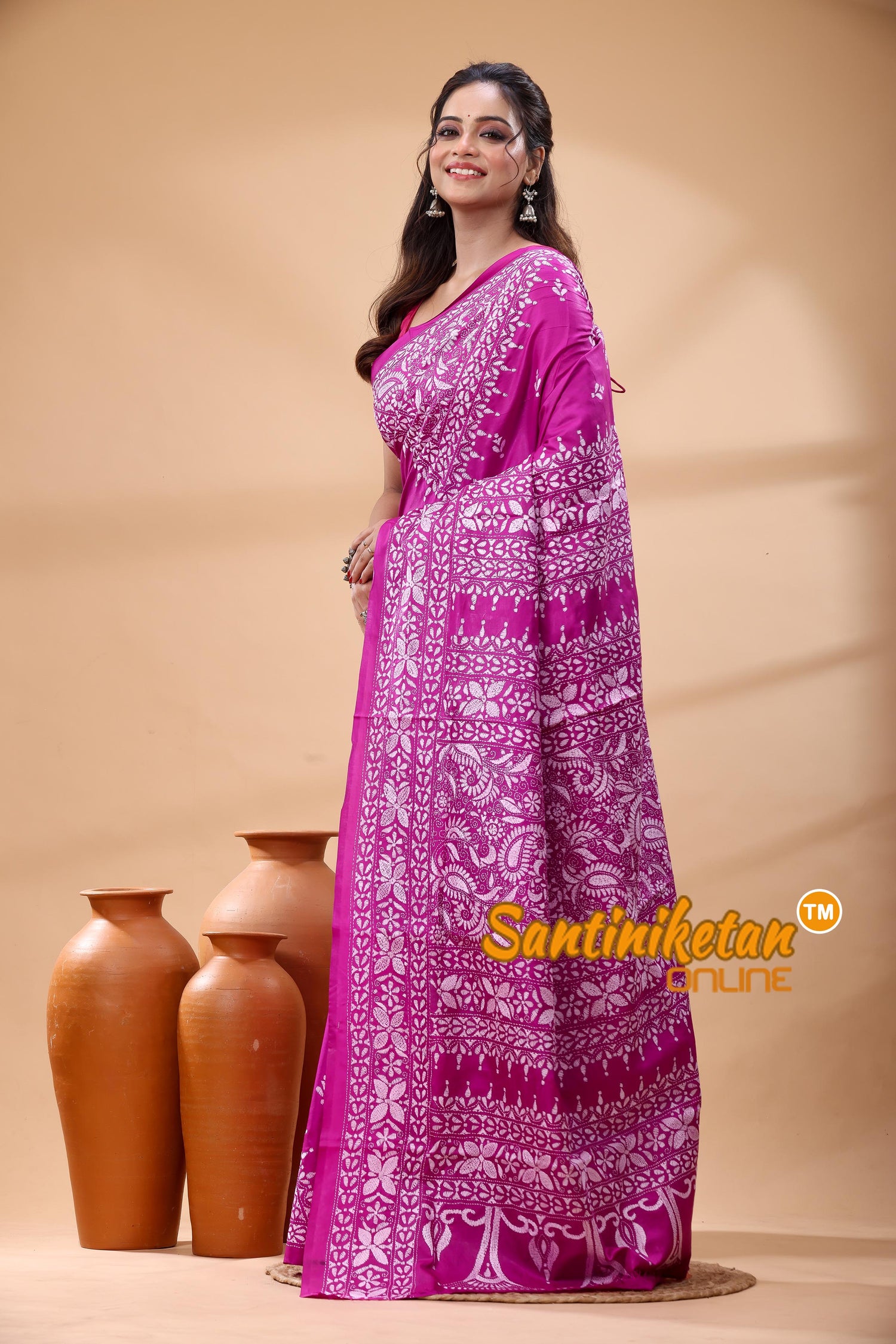 Pure Bangalore Silk Kantha Stitch Saree