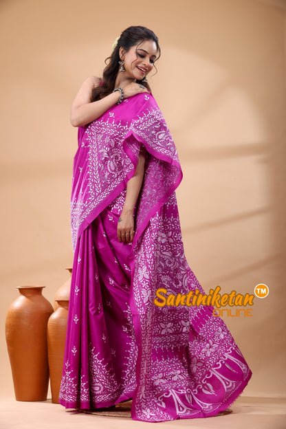 Pure Bangalore Silk Kantha Stitch Saree