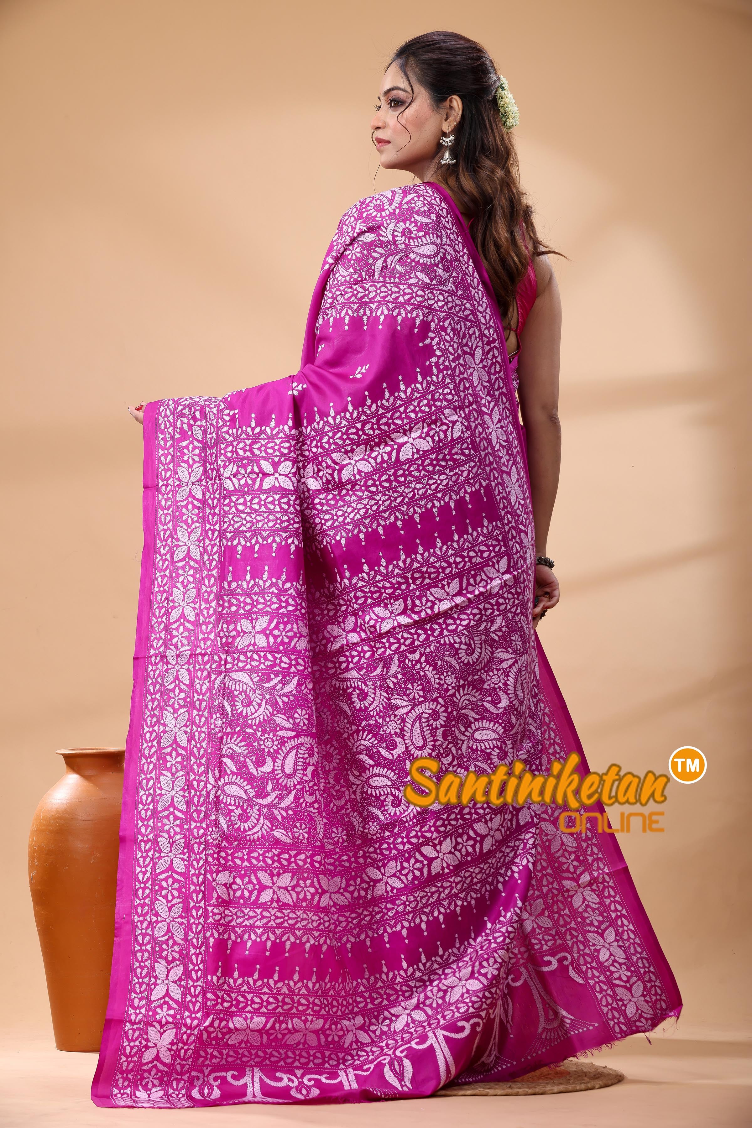 Pure Bangalore Silk Kantha Stitch Saree