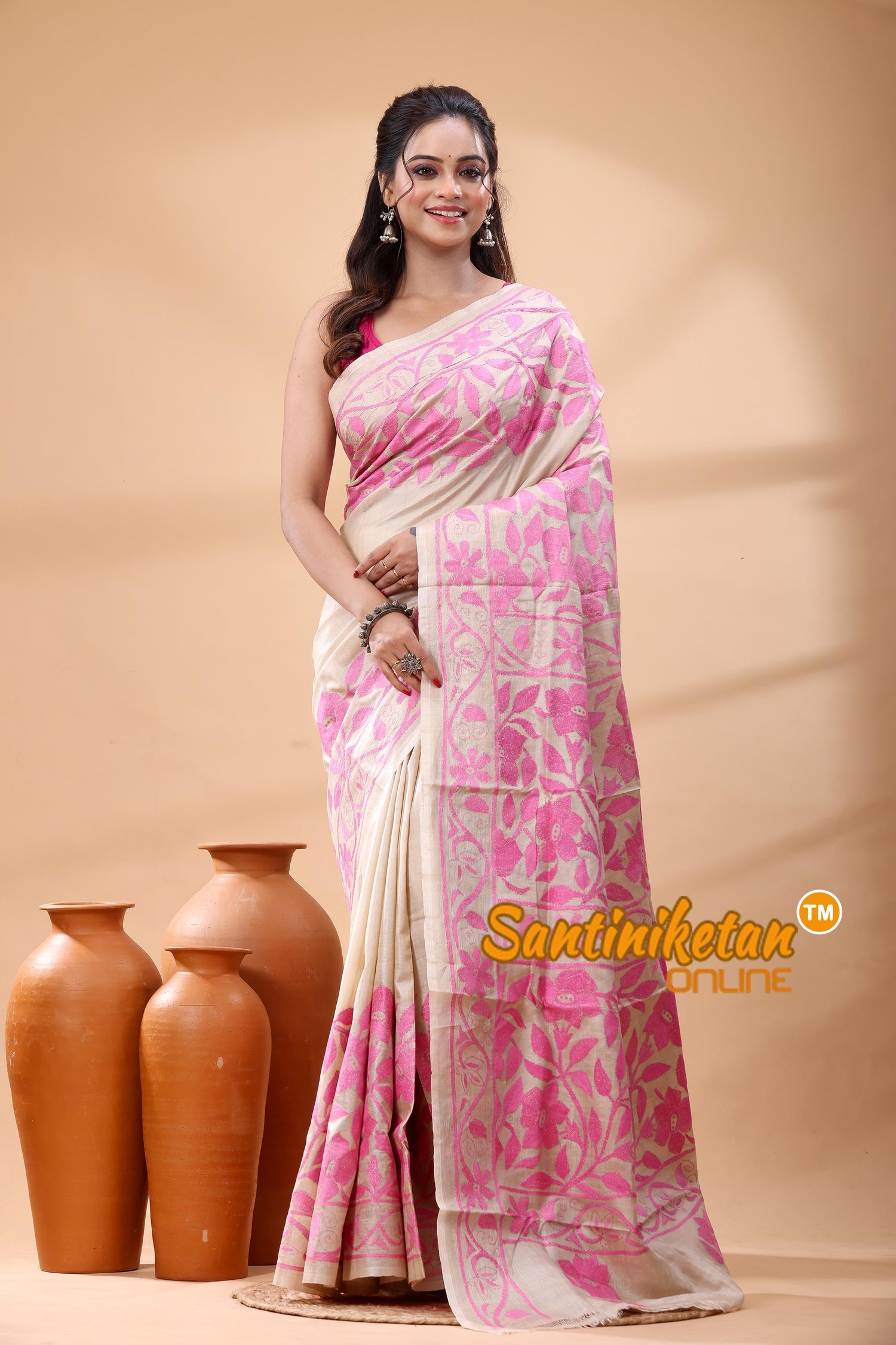 Pure Gachi Tussar Silk Kantha Stitch Saree