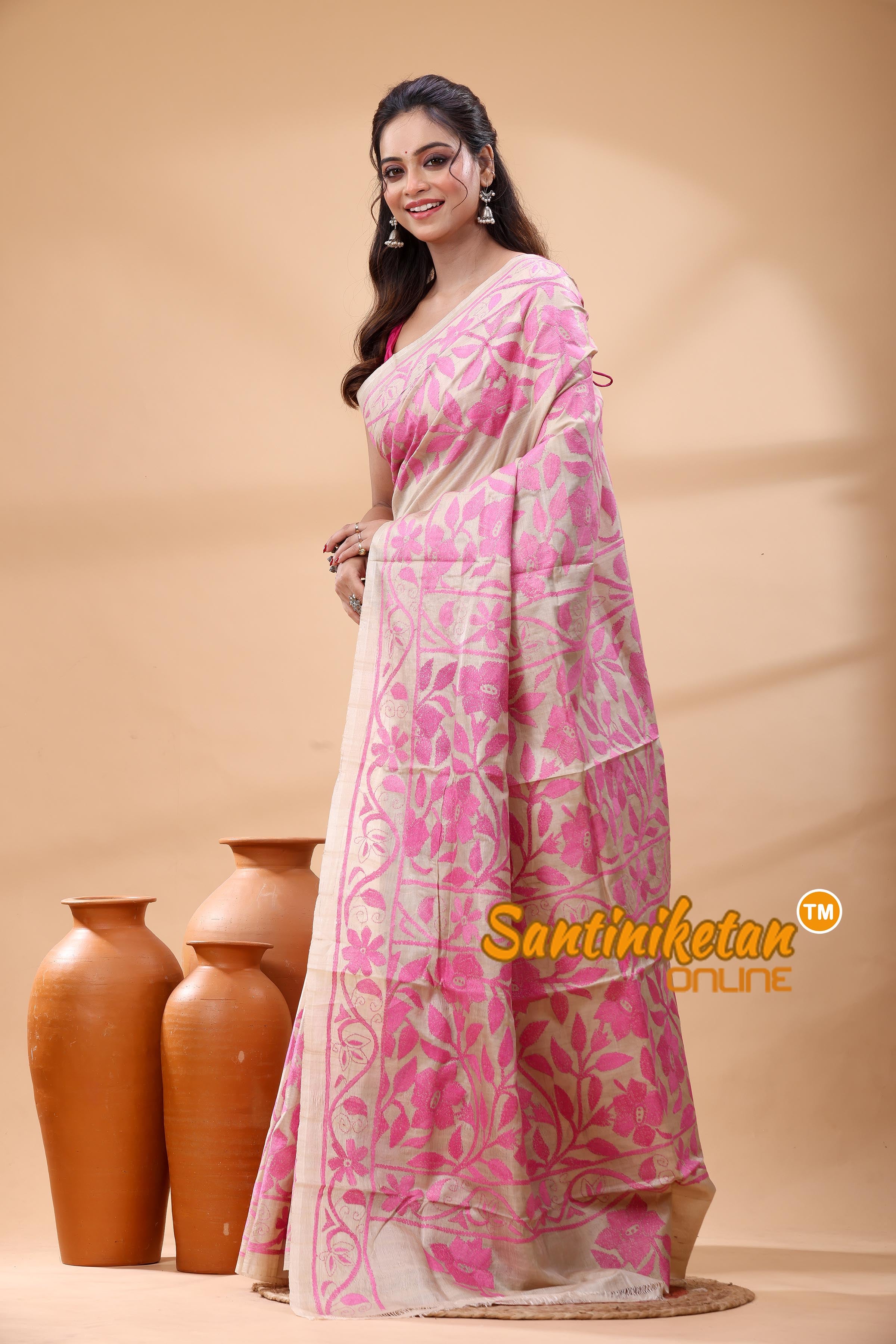 Pure Gachi Tussar Silk Kantha Stitch Saree