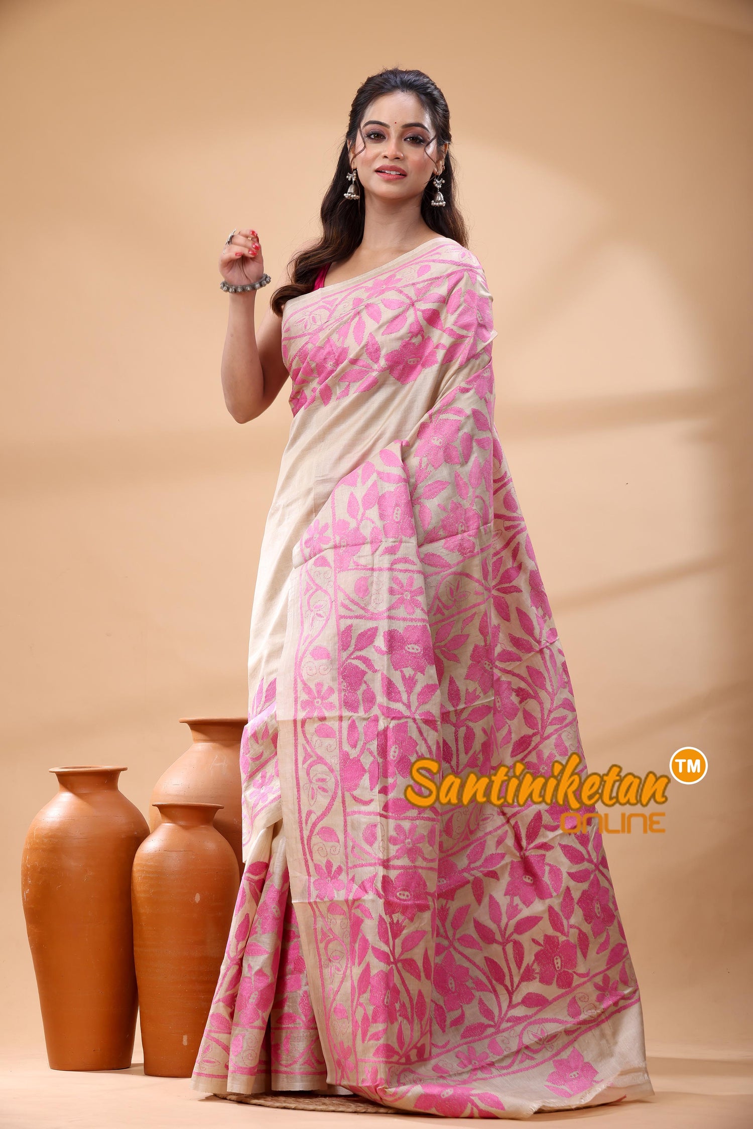 Pure Gachi Tussar Silk Kantha Stitch Saree