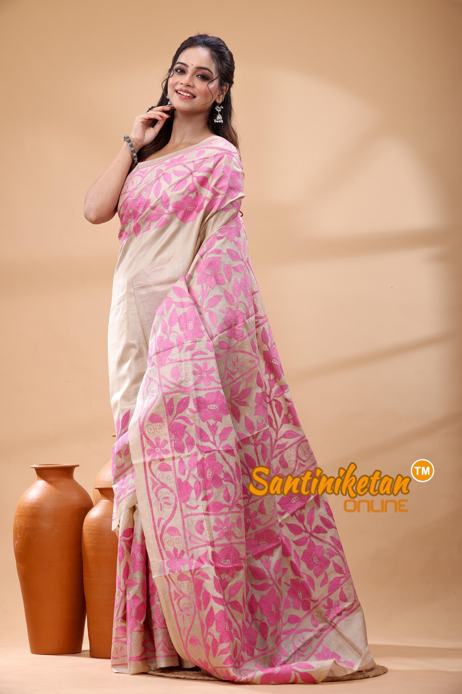Pure Gachi Tussar Silk Kantha Stitch Saree