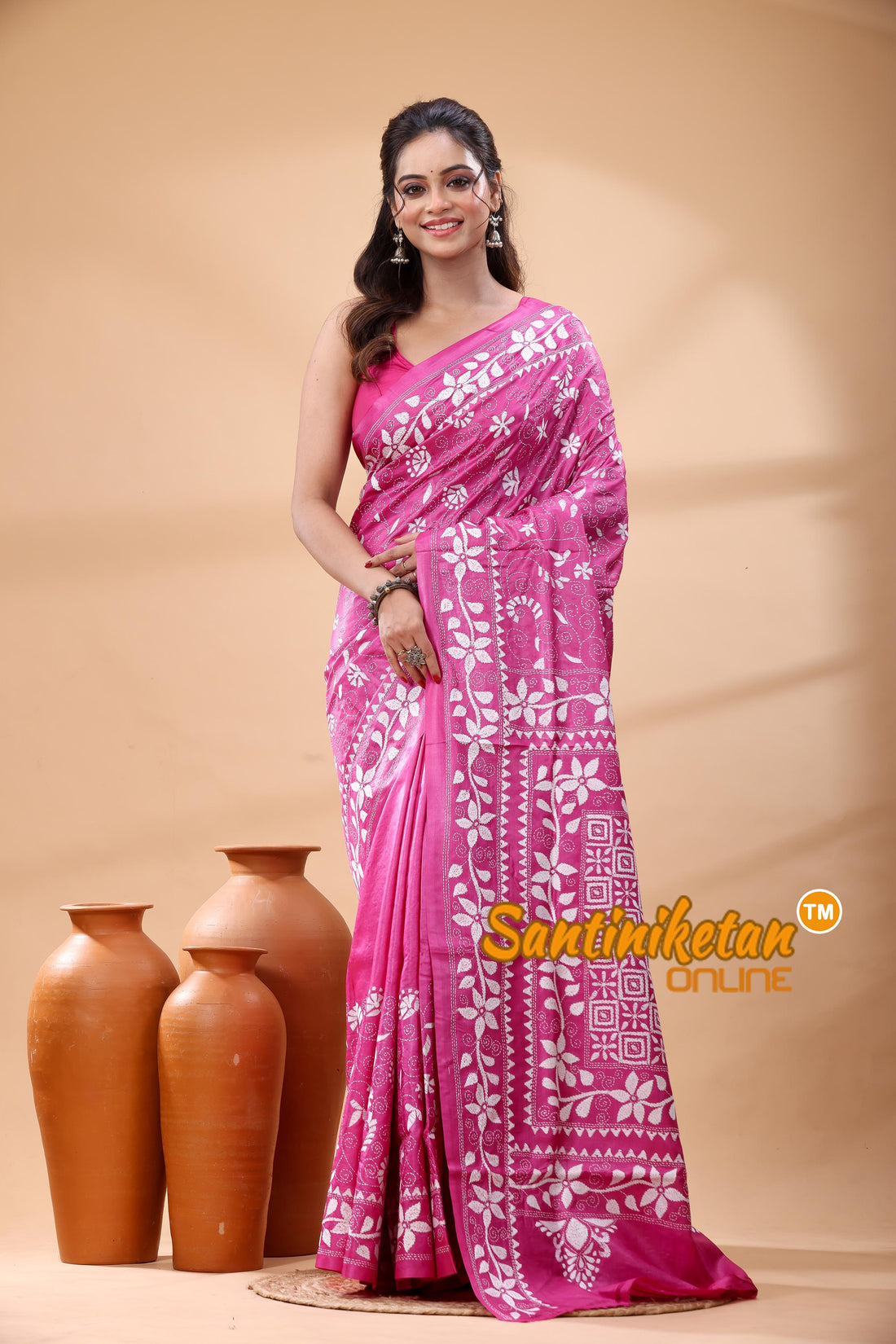 Pure Gachi Dye Tussar Silk Kantha Stitch Saree