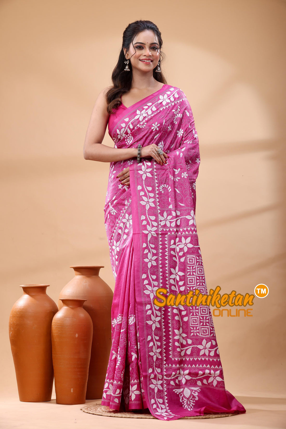 Pure Gachi Dye Tussar Silk Kantha Stitch Saree