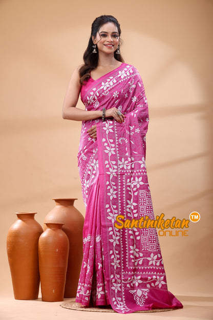 Pure Gachi Dye Tussar Silk Kantha Stitch Saree