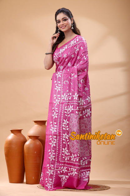 Pure Gachi Dye Tussar Silk Kantha Stitch Saree