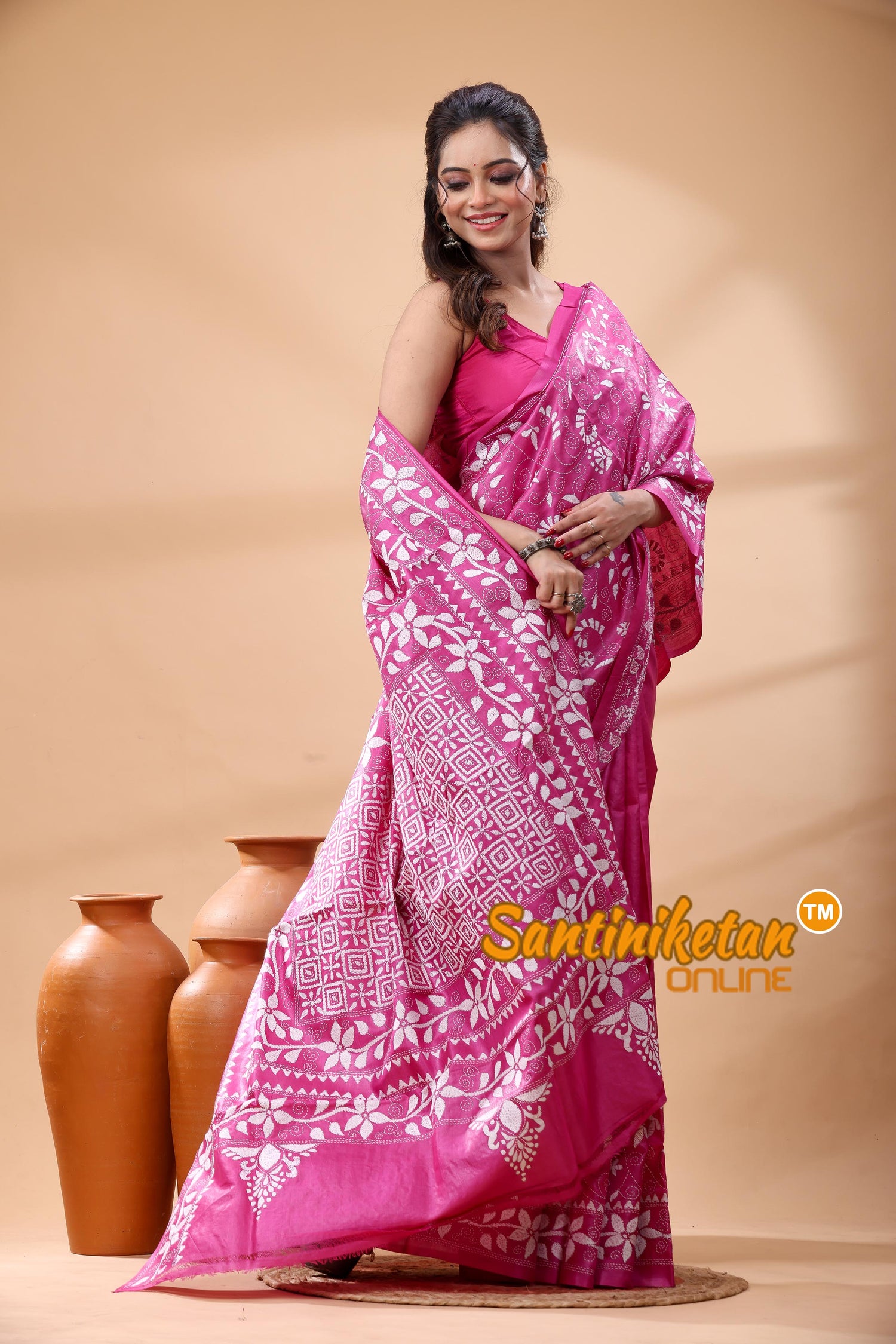 Pure Gachi Dye Tussar Silk Kantha Stitch Saree