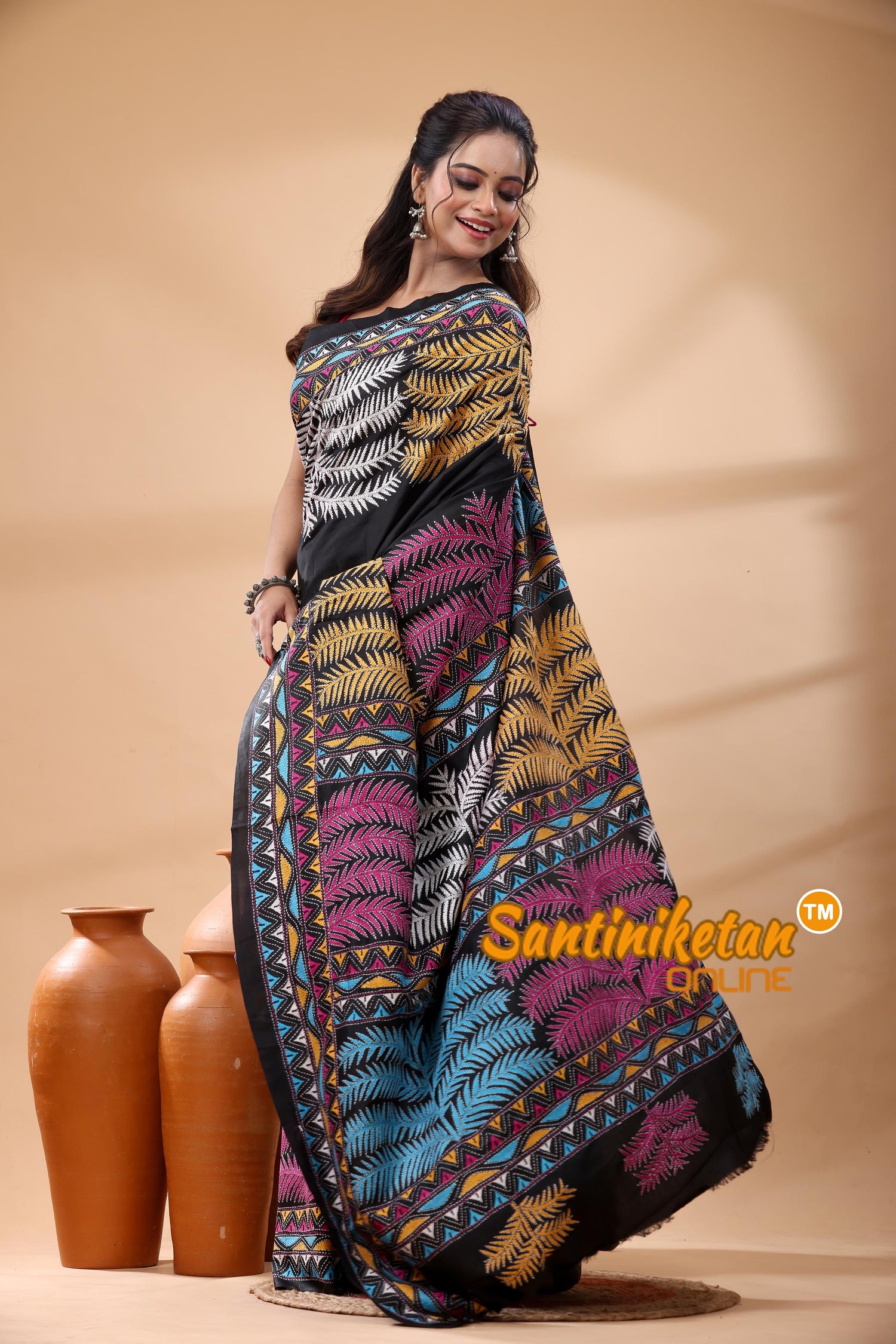 Pure Bangalore Silk Kantha Stitch Saree