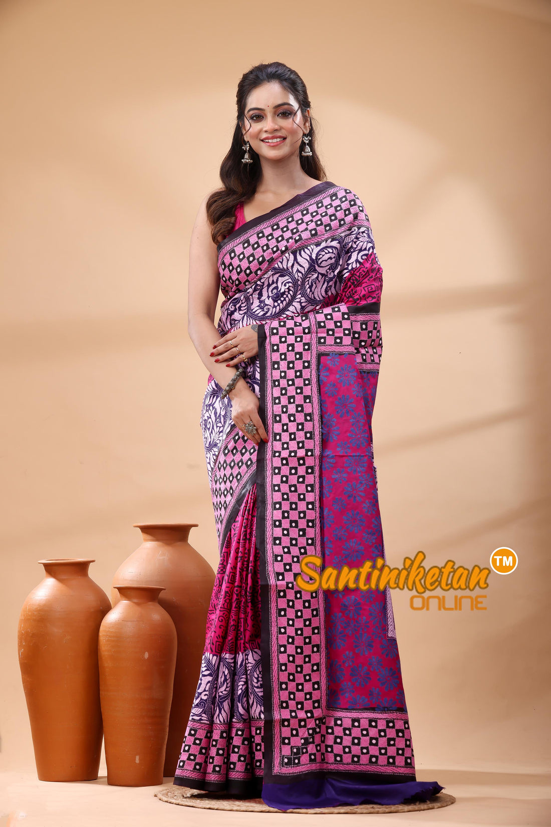 Pure Bangalore Silk Kantha Stitch Saree