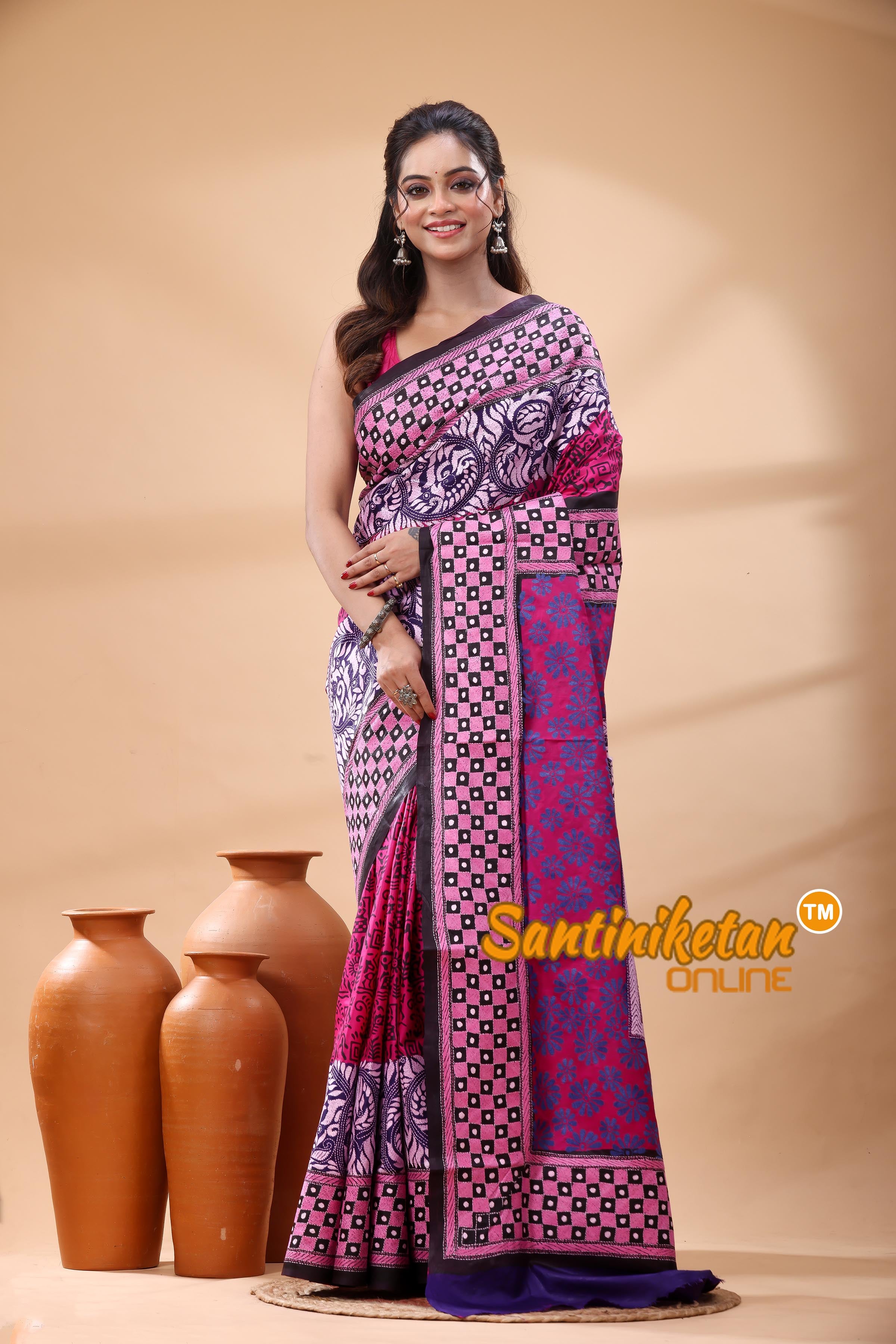 Pure Bangalore Silk Kantha Stitch Saree