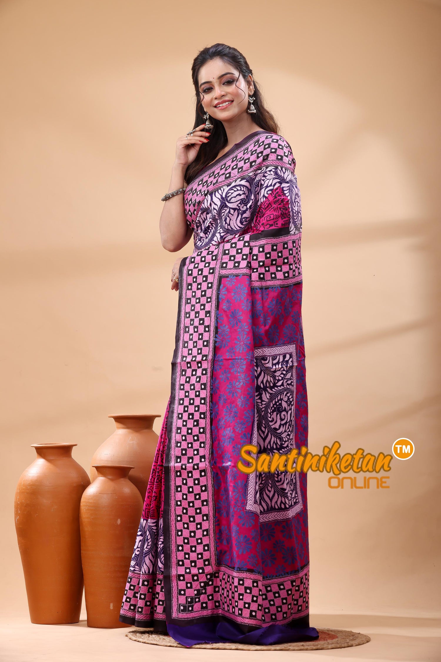 Pure Bangalore Silk Kantha Stitch Saree