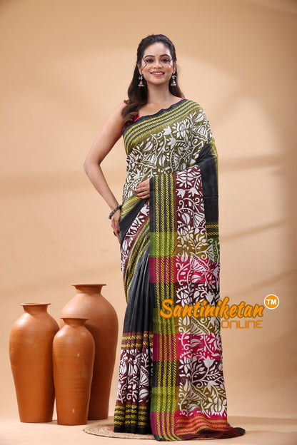 Bishnupuri (Katan) Silk Kantha Stitch Saree