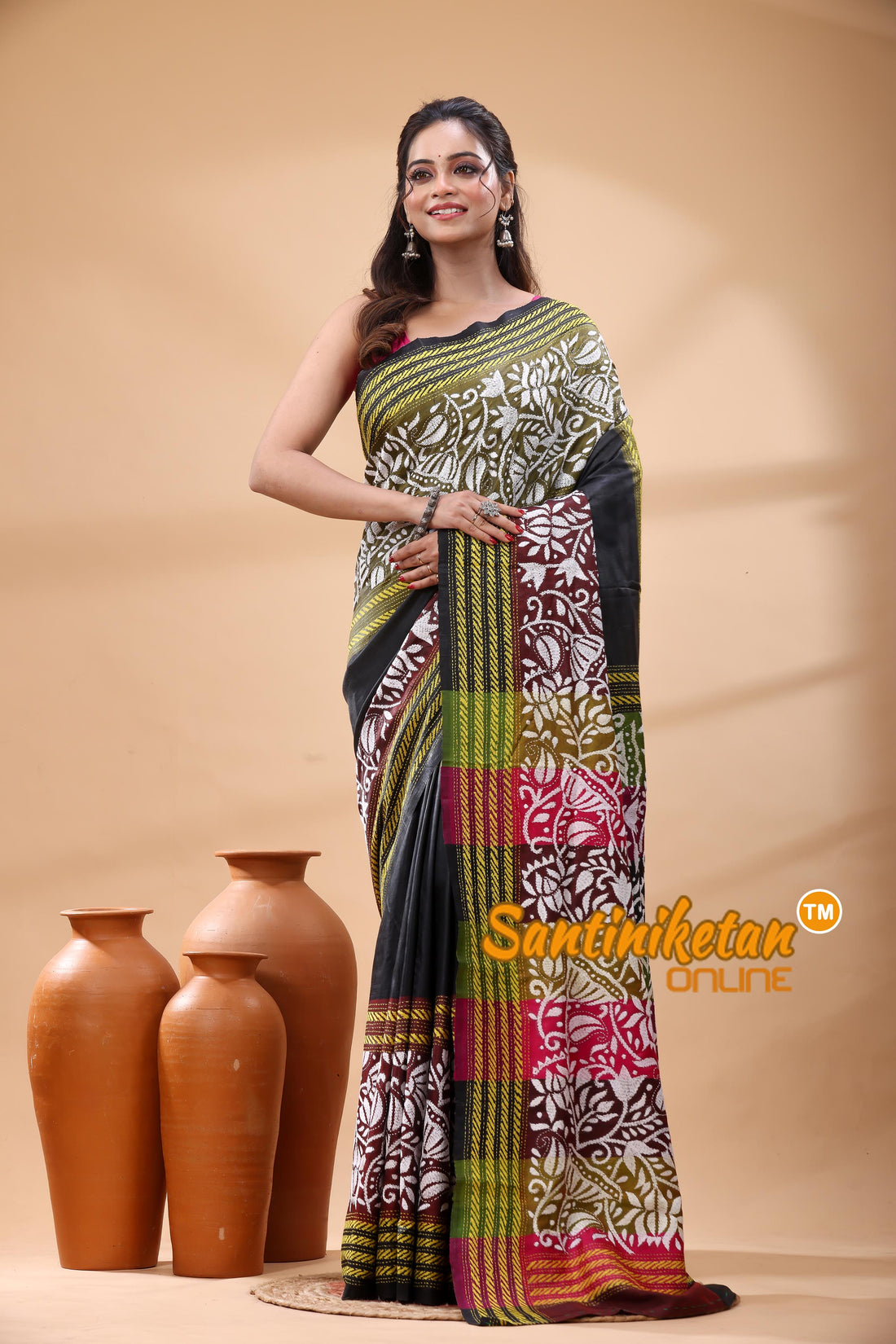 Bishnupuri (Katan) Silk Kantha Stitch Saree