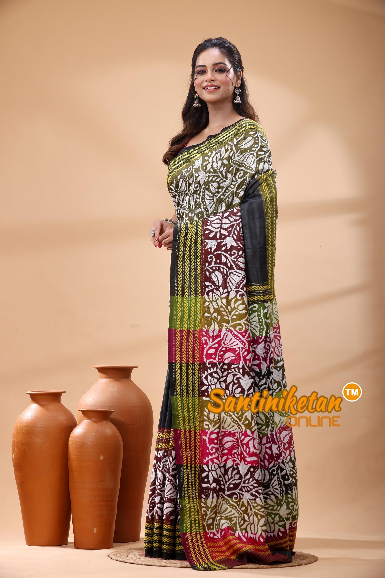 Bishnupuri (Katan) Silk Kantha Stitch Saree