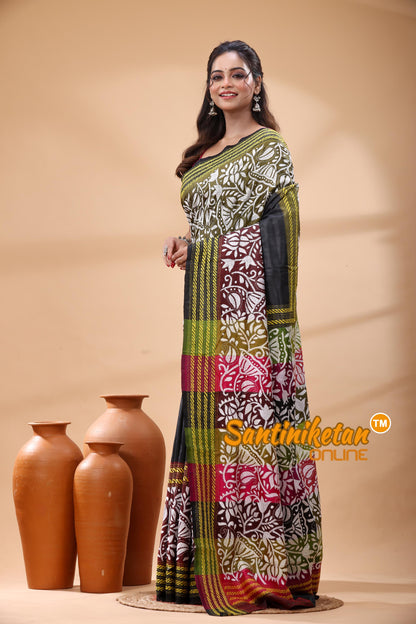 Bishnupuri (Katan) Silk Kantha Stitch Saree