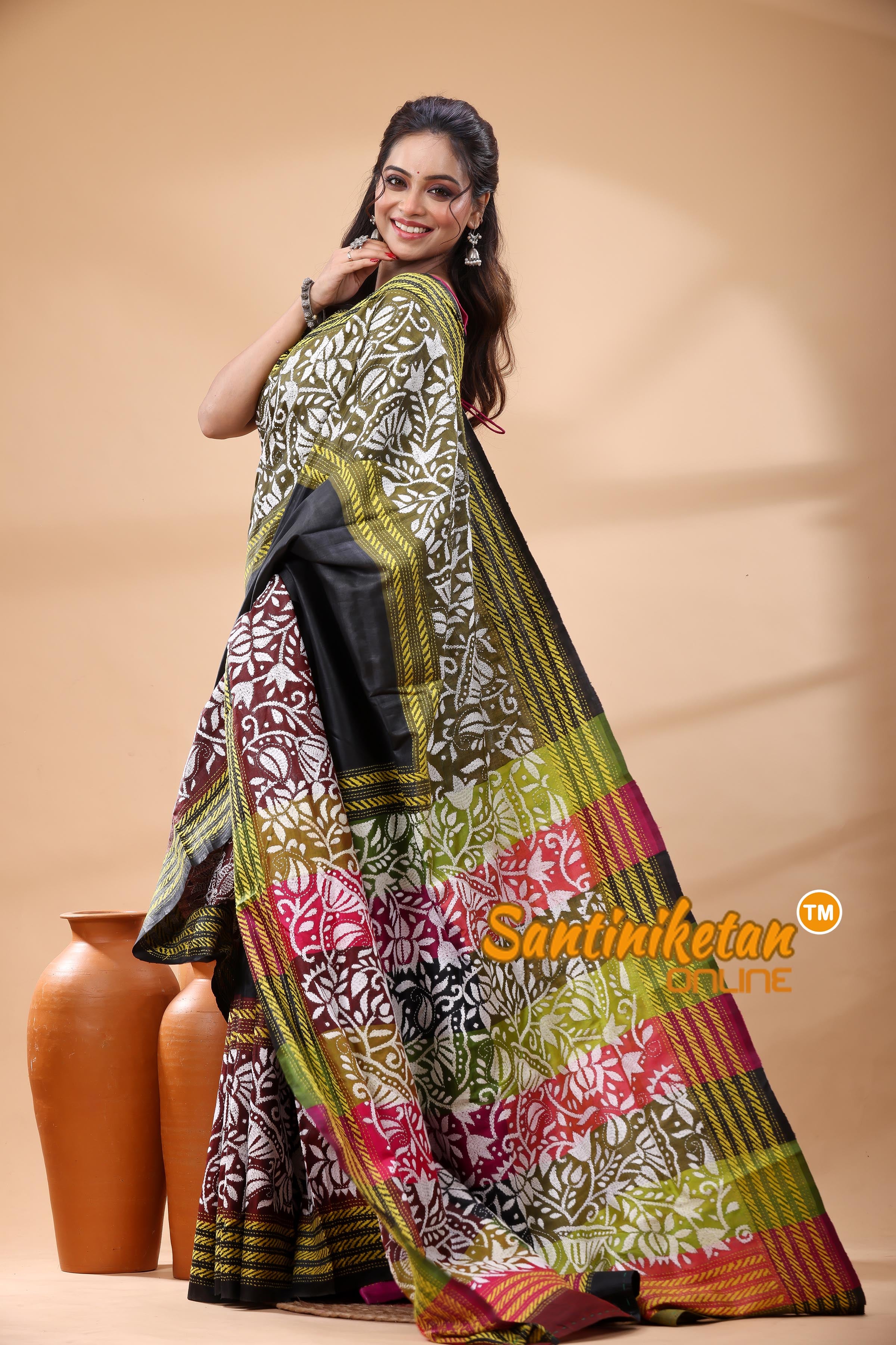 Bishnupuri (Katan) Silk Kantha Stitch Saree