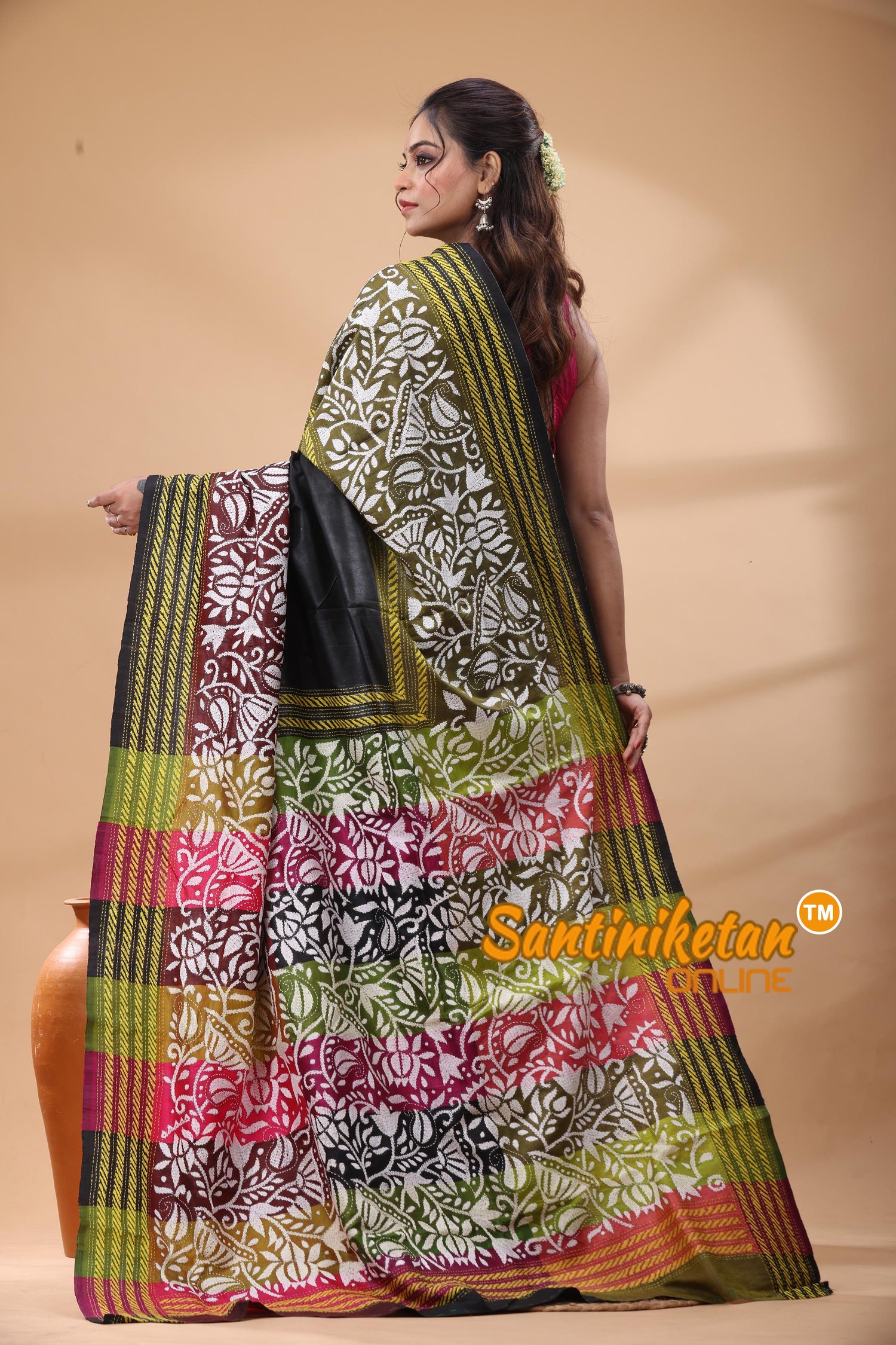 Bishnupuri (Katan) Silk Kantha Stitch Saree