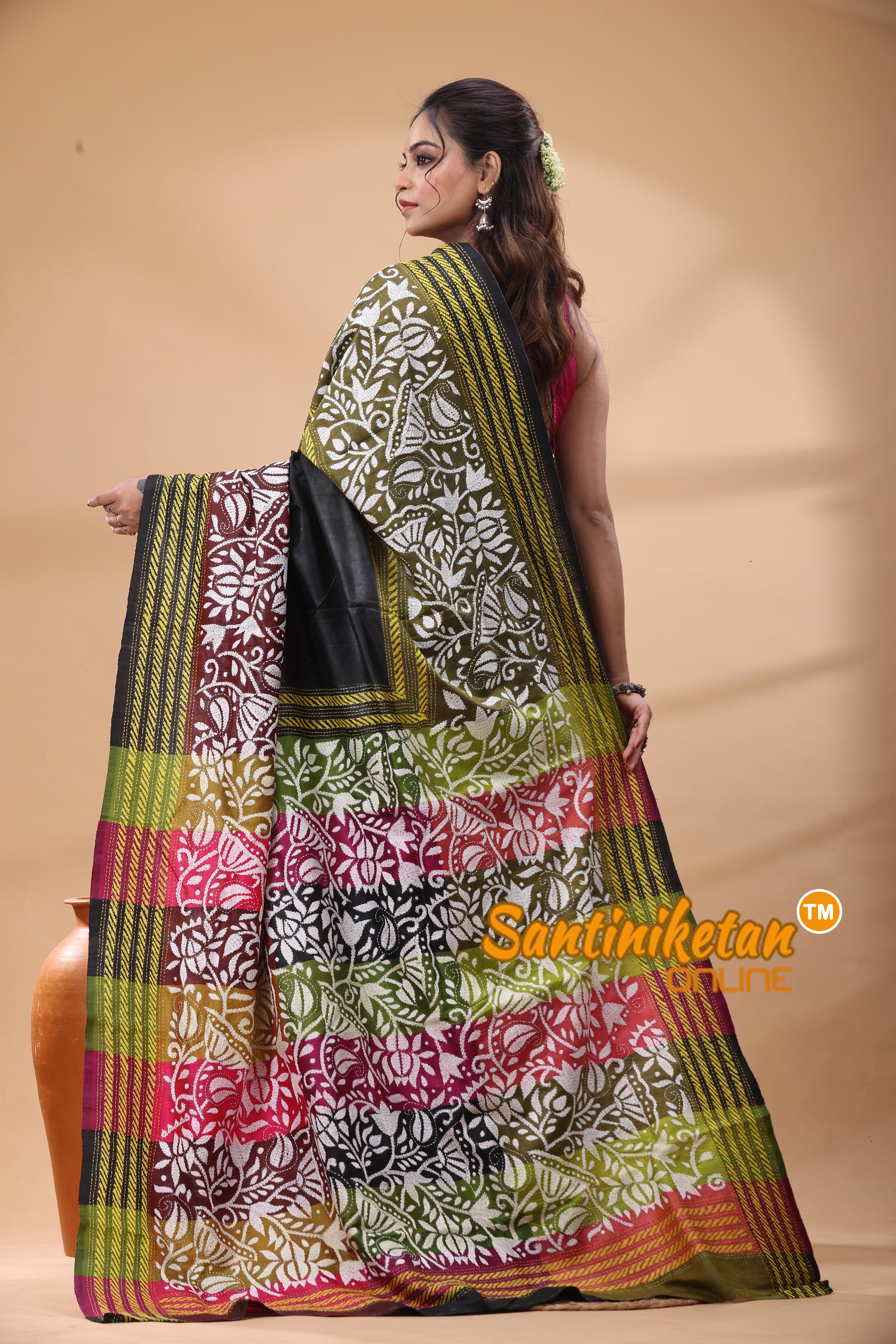 Bishnupuri (Katan) Silk Kantha Stitch Saree