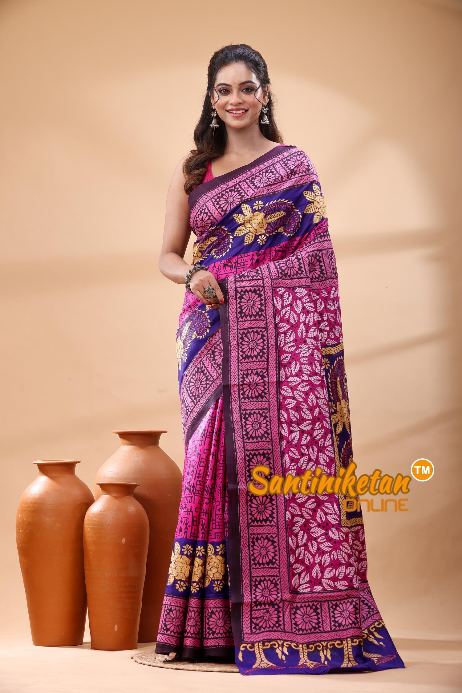 Pure Bangalore Silk Kantha Stitch Saree