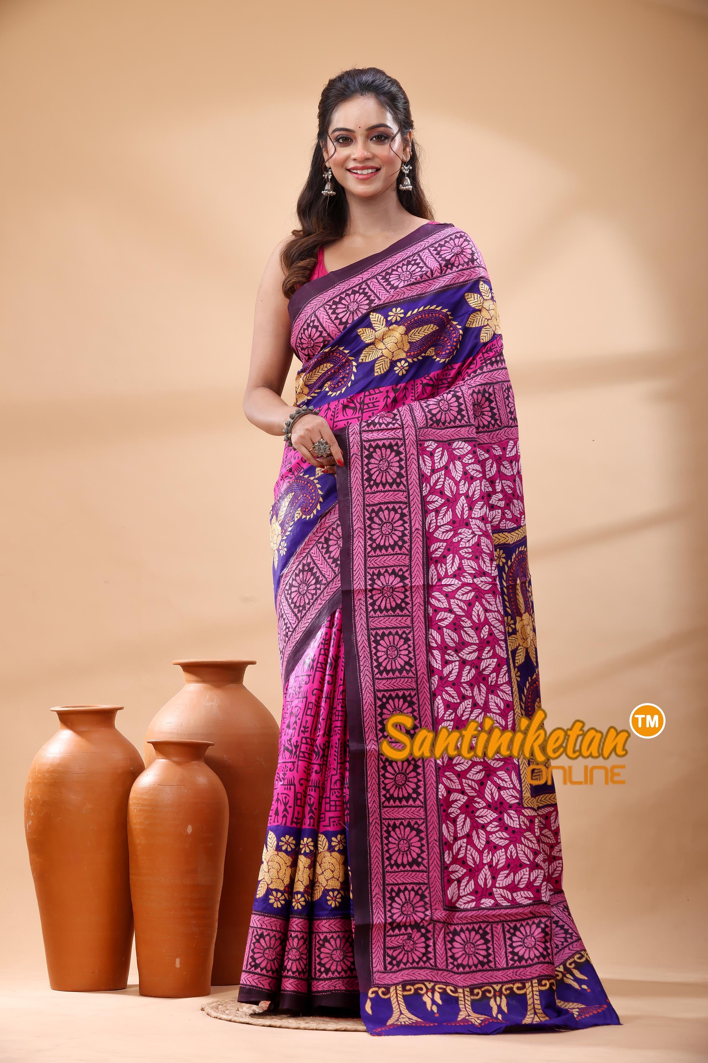 Pure Bangalore Silk Kantha Stitch Saree