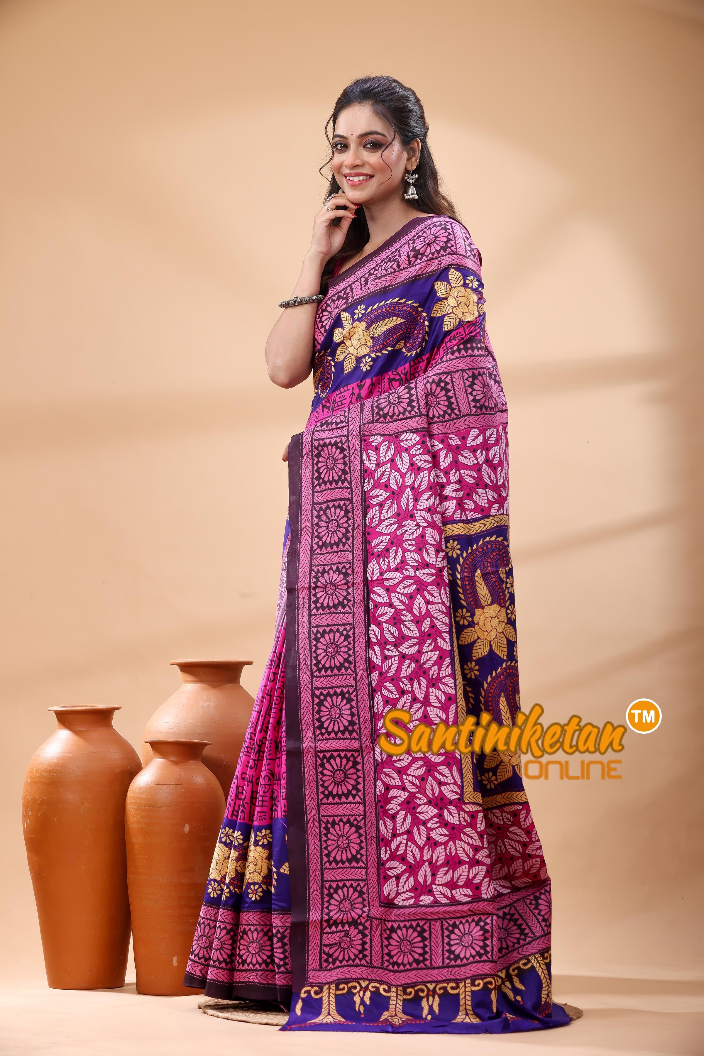 Pure Bangalore Silk Kantha Stitch Saree